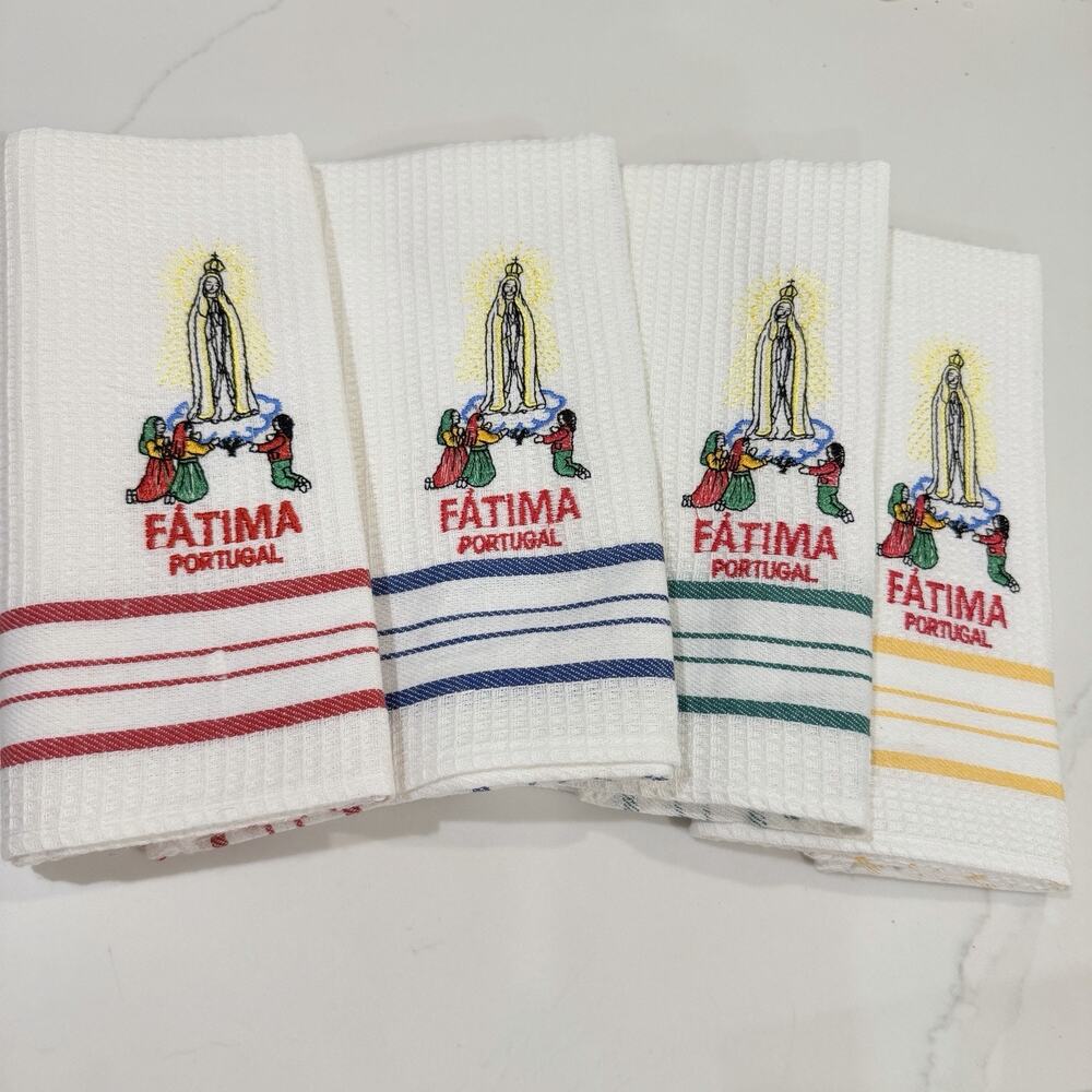 4 New Fatima Portugal Kitchen Dish Cloths Embroidered Religious White Multicolor